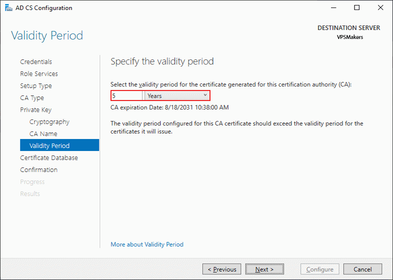 validity duration of generated certificate