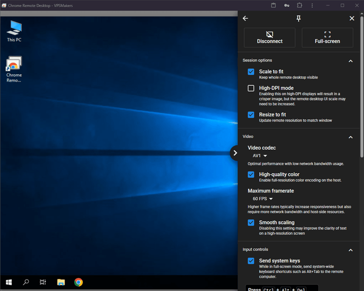 video and resolation settings in chrome remote desktop session