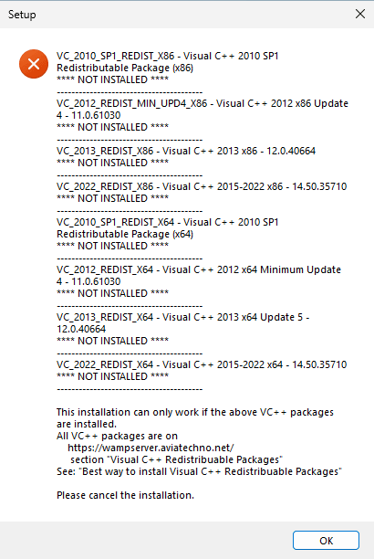 wamp server obligation to install visual C++ redistributions