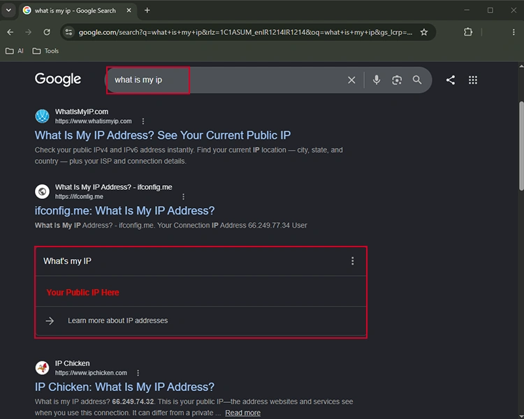 search result of what is my IP on google