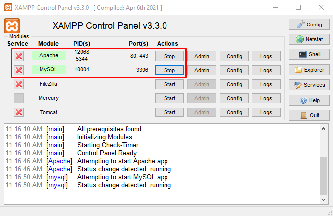 Starting Apache and MySQL services in XAMPP Control Panel