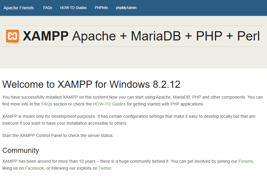 XAMPP dashboard accessed through localhost in browser
