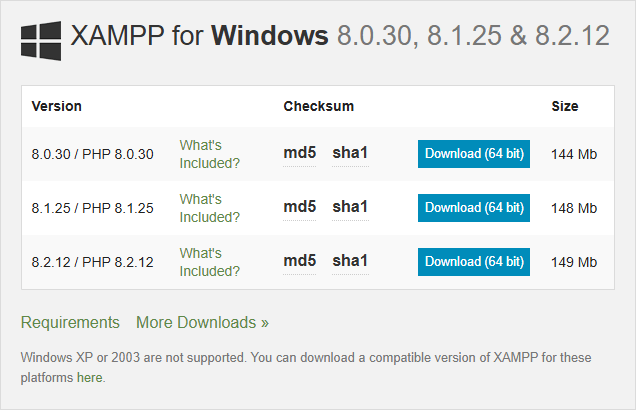XAMPP download page for Windows Server 2019 installation