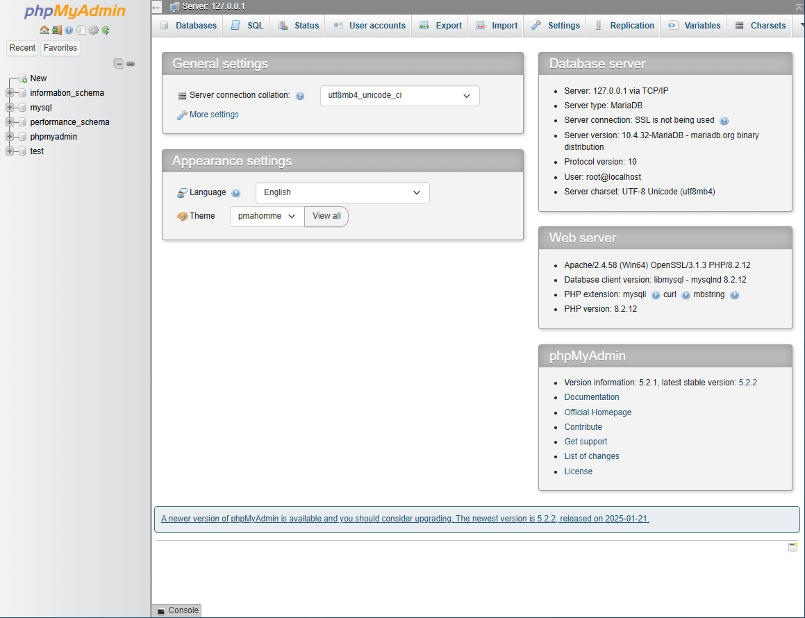 phpMyAdmin database management interface in XAMPP